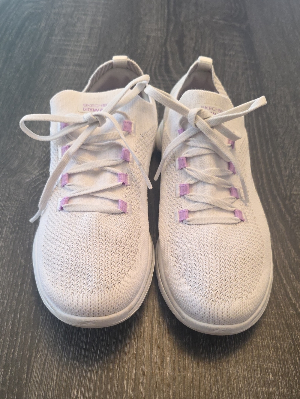 Skechers Women's Light Gray Knit Slip-On Sneakers with Pink Eyelets